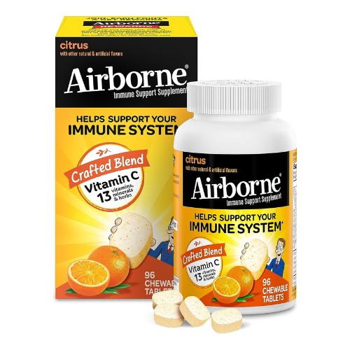 Airborne 1000mg Chewable Tablets with Zinc, Immune Support Supplement with Powerful Antioxidants Vitamins A C & E - 96 Tablets, Citrus Flavor