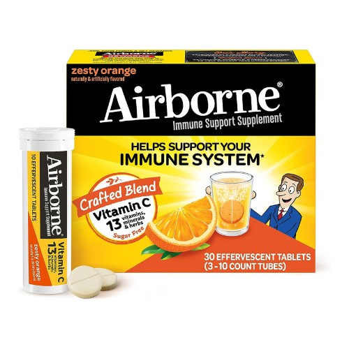 Airborne 1000mg Vitamin C with Zinc, SUGAR FREE Effervescent Tablets, Immune Support Supplement with Powerful Antioxidants Vitamins A C & E - 30 Fizzy Drink Tablets, Zesty Orange Flavor