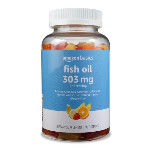 Amazon Basics Fish Oil 303 mg, Lemon, Orange & Strawberry-Banana flavors, 90 Gummies (2 per Serving), EPA and DHA Omega-3 fatty acids (Previously Solimo)