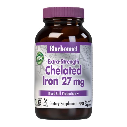 Bluebonnet Nutrition Albion Extra-Strength Chelated Iron 27 mg, For Healthy Red Blood Cell production*, Soy-Free, Gluten-Free, Non-GMO, Kosher, Dairy-Free, Vegan, 90 Vegetable Capsule, 90 Serving