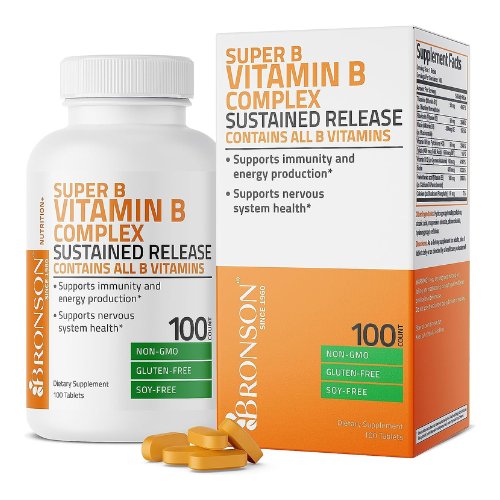 Bronson Super B Vitamin B Complex Sustained Slow Release (Vitamin B1, B2, B3, B6, B9 - Folic Acid, B12) Contains All B Vitamins 100 Tablets