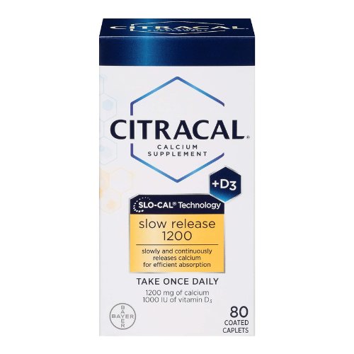 Citracal Slow Release 1200, 1200 mg Calcium Citrate and Calcium Carbonate Blend with 1000 IU Vitamin D3, Bone Health Supplement for Adults, Once Daily Caplets, 80 Count