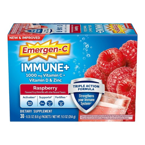 Emergen-C Immune+ Triple Action Immune Support Powder, BetaVia (R), 1000mg Vitamin C, B Vitamins, Vitamin D and Antioxidants, Raspberry – 30 Count