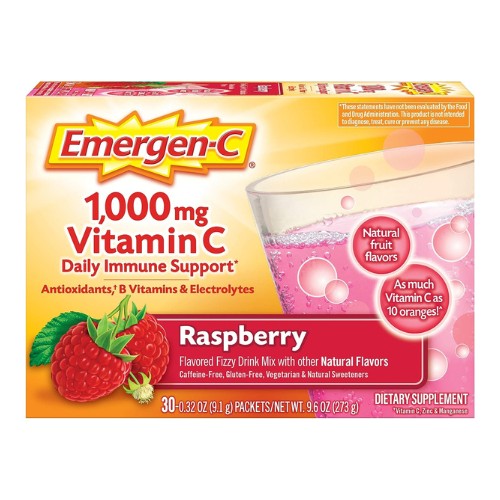 Emergen-C 1000mg Vitamin C Powder, With Antioxidants, B Vitamins And Electrolytes, Immunity Supplements For Immune Support, Caffeine Free Fizzy Drink Mix, Raspberry Flavor - 30 Count/1 Month Supply