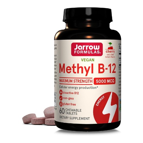 Jarrow Formulas Maximum Strength Methyl B-12 5000 mcg, Dietary Supplement for Cellular Energy Production and Brain Health Support, 60 Cherry-Flavored Chewable Tablets, 60 Day Supply