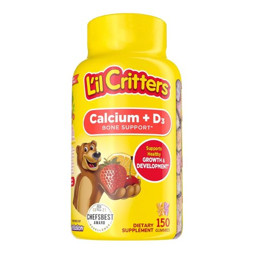 L’il Critters Calcium + D3 Daily Gummy Supplement for Kids, for Bone Support, Orange, Strawberry and Cherry Flavors, 150 Gummies