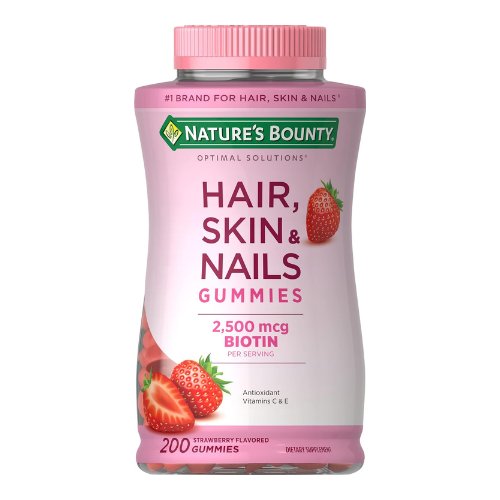 Nature's Bounty Optimal Solutions Hair, Skin and Nails Gummies with Biotin, 25000 mcg, Strawberry Flavored, 200 Count