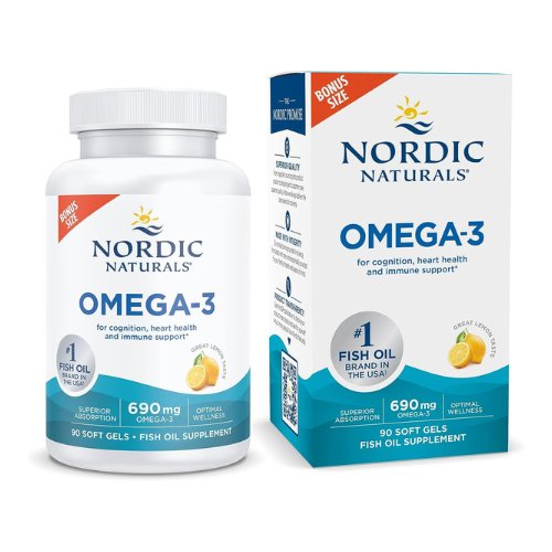 Elevate your well-being! Ultimate Omega, lemon-flavored soft gels with 1280mg Omega-3, high-potency EPA & DHA for brain and heart health