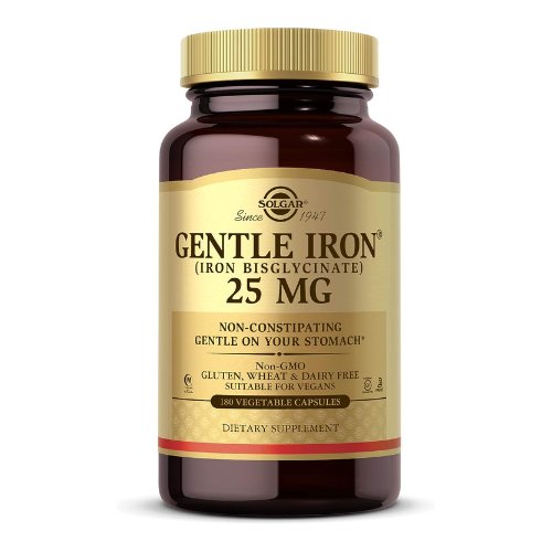 Solgar Gentle Iron (Iron Bisglycinate) 25 mg - 180 Vegetable Capsules - Non-Constipating, Gentle on Your Stomach - Non-GMO, Gluten Free - 180 Servings