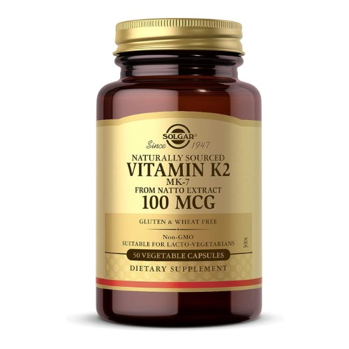 Solgar Vitamin K2 MK7 100mcg Vegetable Capsules Supports Bone Health Natural Whole Food Source from Natto Extract NonGMO Gluten Free Servings, Original, 50 Count