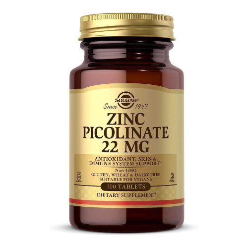 Solgar Zinc Picolinate 22 mg, 100 Tablets - Promotes Healthy Skin - Supports Immune System, Normal Taste & Vision - Antioxidant - Non GMO, Vegan, Gluten Free, Dairy Free, Kosher - 100 Servings