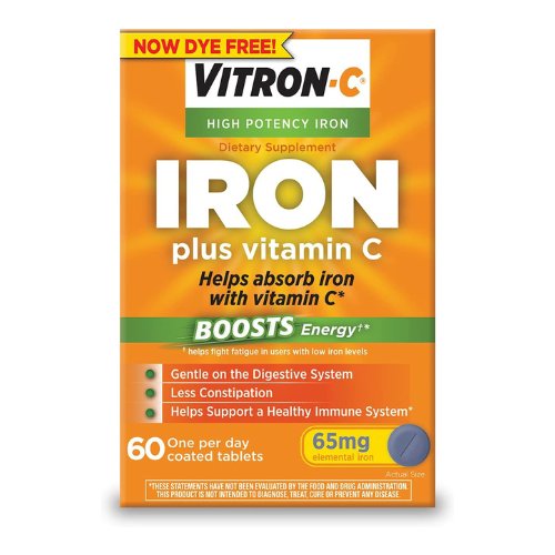 Vitron-C Iron Supplement, Once Daily, High Potency Iron Plus Vitamin C, Supports Red Blood Cell Production, Dye Free Tablets, 60 Count