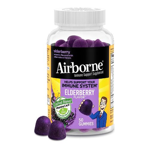 Airborne Elderberry + Zinc & Vitamin C Gummies For Adults, Immune Support Vitamin D & Zinc Gummies With Powerful Antioxidant Vitamins C D & E - 50 Gummies, Elderberry Flavor