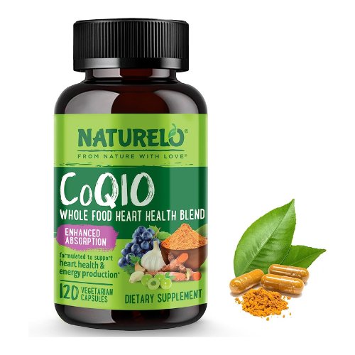 NATURELO Whole Food CoQ10 with Heart Health Blend, Powerful Antioxidant for Energy Production, 120 Capsules