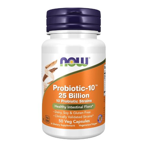 Unlock the power of 10! Probiotic-10, 25 Billion CFUs with 10 strains. Dairy, soy, gluten-free in 50 veg capsules, strain verified