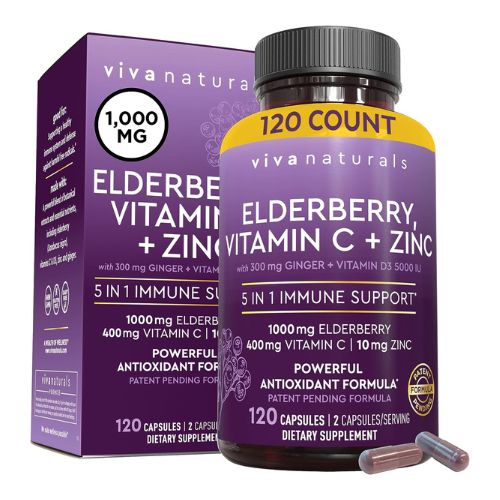 Viva Naturals Sambucus Elderberry with Vitamin C and Zinc for Adults - 5 in 1 Sambucus Black Elderberry Capsules with Vitamin D3 5000 IU, Elderberry Immune Support Supplement 2 Months Supply Pills