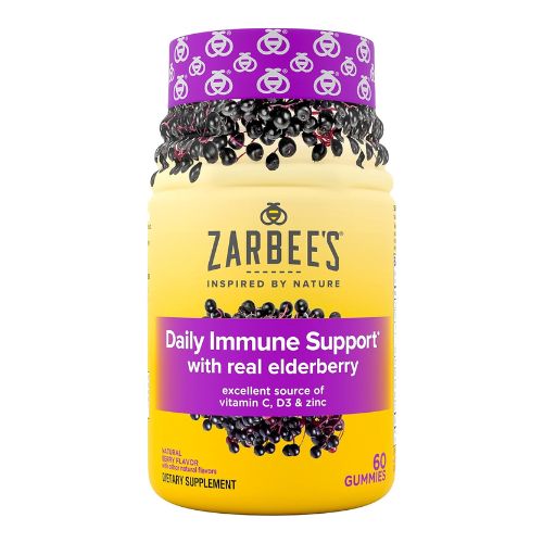 Zarbee's Elderberry Gummy Daily Immune Support Supplement with Vitamins A, C, D, E & Zinc, Black Elderberry Fruit Extract, Natural Berry Flavor, 60 Count