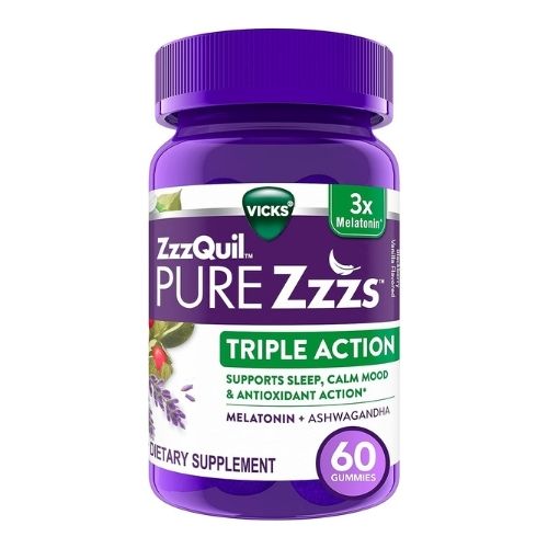 ZzzQuil PURE Zzzs Triple Action, 6mg Melatonin Gummies, 3X Melatonin Sleep Aid with Ashwagandha, Calm Mood & Antioxidant Action, Sleep Aid for Adults, 6 mg per serving, 60 Count