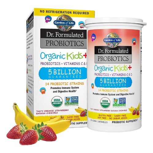 Garden of Life Dr. Formulated Probiotics Organic Kids+ Plus Vitamin C & D, Strawberry Banana, Gluten Dairy & Soy Free Immune & Digestive Health Supplement, No Added Sugar, 30 Chewables (Shelf Stable)