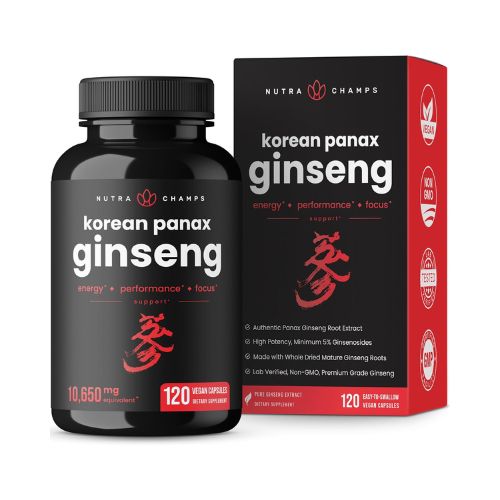 NutraChamps Korean Red Panax Ginseng Capsules, Extra Strength Ginsenosides for Energy, Focus, Performance, Vitality & Immune Support, Korean Red Ginseng Root Extract Powder Supplement, Vegan Pills