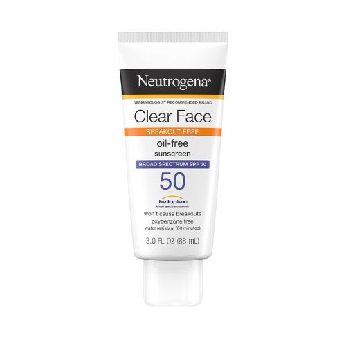 Neutrogena Clear Face Liquid Lotion Sunscreen for Acne-Prone Skin, Broad Spectrum SPF 50 UVA/UVB Protection, Oil-, Fragrance- & Oxybenzone-Free Facial Sunscreen, Non-Comedogenic, 3 fl. oz