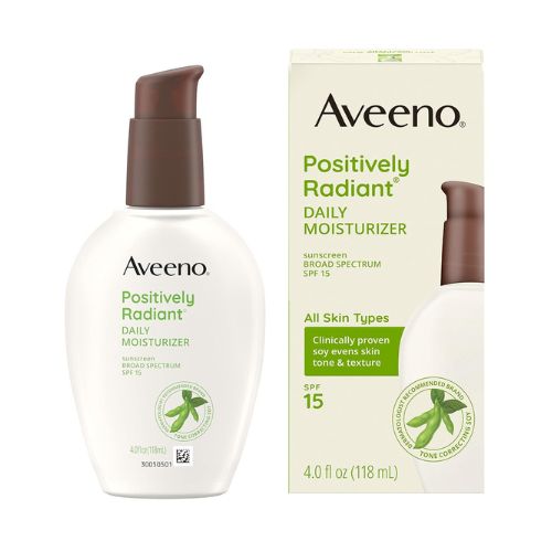 Aveeno Positively Radiant Daily Facial Moisturizer with Broad Spectrum SPF 15 Sunscreen & Soy, Improves the Look of Skin Tone & Texture, Hypoallergenic, Oil-Free, Non-Comedogenic, 4 fl. oz