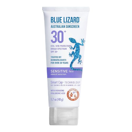 Blue Lizard SENSITIVE FACE Mineral Sunscreen with Zinc Oxide and Hydrating Hyaluronic Acid, SPF 30+, Water Resistant, UVA/UVB Protection with Smart Cap Technology - Fragrance Free, 1.7 oz.