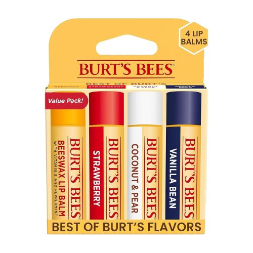 Burt's Bees Lip Balm Valentines Day Gifts, Beeswax, Strawberry, Coconut and Pear, and Vanilla Bean Pack, With Responsibly Sourced Beeswax, Tint-Free, Natural Lip Treatment, 4 Tubes, 0.15 oz.