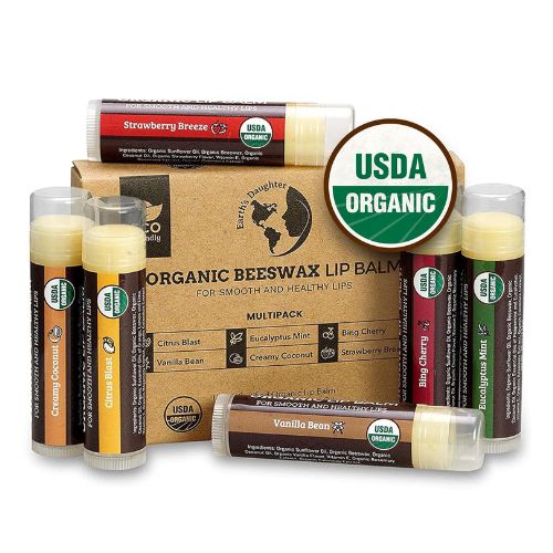 USDA Organic Lip Balm 6-Pack by Earth's Daughter - Fruit Flavors, Beeswax, Coconut Oil, Vitamin E - Best Lip Repair Chapstick for Dry Cracked Lips - Moisturizing Lip Care