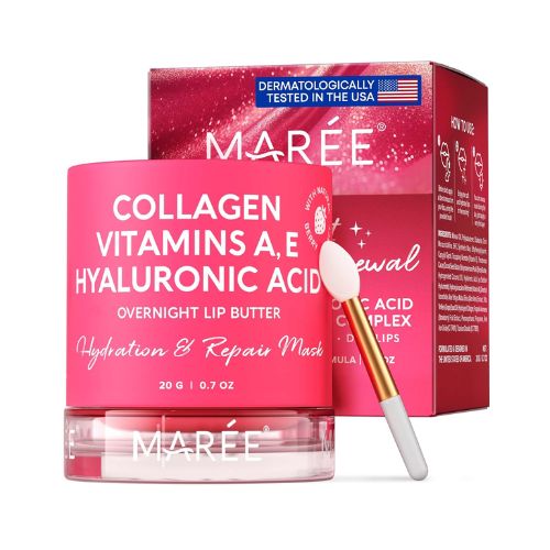 MAREE Lip Mask with Hyaluronic Acid & Coconut Oil - Overnight Collagen Lip Butter to Nourish & Hydrate Dry Cracked Lips - Moisturizer for Skin Care with Shea & Cocoa Butter - Sleeping Lip Butter Balm