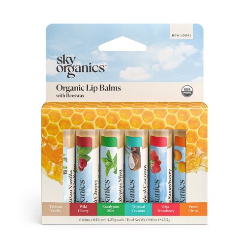 Sky Organics Organic Beeswax Lip Balms for Lips, USDA Certified Organic, Six Assorted Flavors to Moisturize, Soothe & Soften, 6pk.