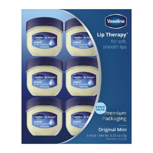 Vaseline Lip Therapy Original Mini, White Petrolatum, Advanced Moisturizer, Relieves Dull and Dry Skin, Mini Vaseline Petroleum Jelly, Soft & Smooth Vaseline Lips (Pack of 6-0.25 Oz Ea)