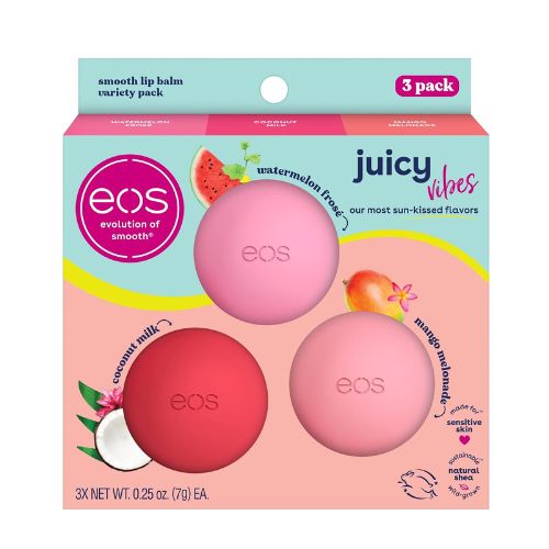 eos Juicy Vibes Lip Balm Variety Pack- Watermelon Frosé, Mango Melonade & Coconut Milk, All-Day Moisture Lip Care Products, 0.25 oz, 3-Pack