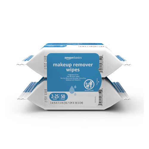 Amazon Basics Make Up Remover Wipes, Fragrance Free, 50 Count (2 Packs of 25) (Previously Solimo)