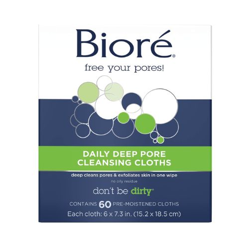 Bioré Daily Make Up Removing Cloths, Facial Cleansing Wipes with Dirt-grabbing Fibers for Deep Pore Cleansing without Oily Residue, 60 Count