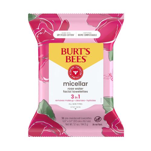 Burt's Bees Micellar Facial Towelettes With Rose Water, Pre-Moistened Towelettes for All Skin Types, 99.5 Percent Natural Origin Skin Care, 30 ct. Package