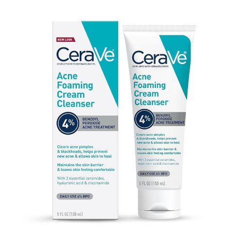 CeraVe Acne Foaming Cream Cleanser, Acne Treatment Face Wash with 4% Benzoyl Peroxide, Hyaluronic Acid, and Niacinamide, Cream to Foam Formula, Fragrance Free & Non Comedogenic, 5 Oz