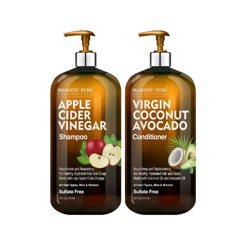 MAJESTIC PURE Apple Cider Vinegar Shampoo and Avocado Coconut Conditioner Set - Restores Shine & Reduces Itchy Scalp, Dandruff & Frizz - Sulfate Free, for All Hair Types, Men and Women - 2 x 16 fl oz