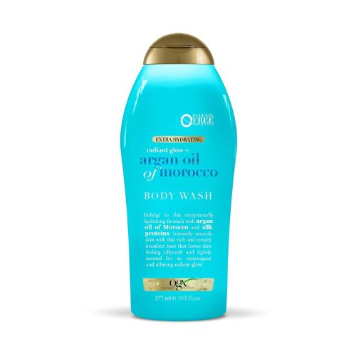 OGX Radiant Glow + Argan Oil of Morocco Extra Hydrating Body Wash for Dry Skin, Moisturizing Gel Body Cleanser for Silky Soft Skin, Paraben-Free, Sulfate-Free Surfactants, 19.5 fl oz