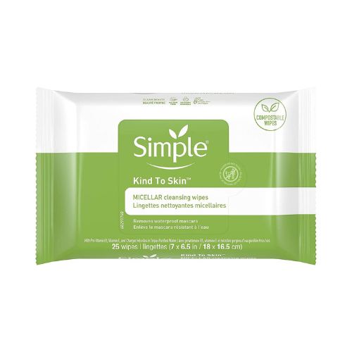 Simple Kind to Skin Cleansing Wipes Gentle and Effective Makeup Remover Micellar Free from color and dye, artificial perfume and harsh chemicals 25 Wipes