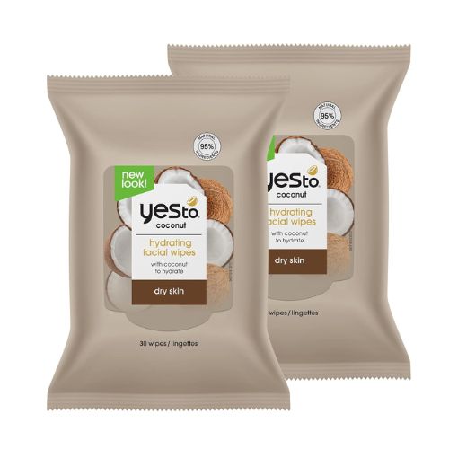 Yes To Face Wipes for Women and Men, Restoring Facial Cleansing Wipes for use as a Make Up Remover, Cleaning, Soothing, Coconut (Pack of 2)