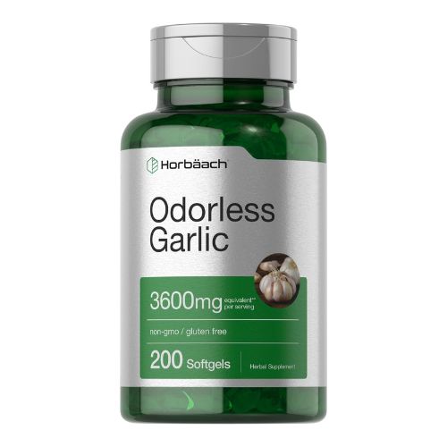 Horbäach Odorless Garlic Softgels 3600 mg, 200 Count, Ultra Potent Garlic Extract, Non-GMO & Gluten Free Pills