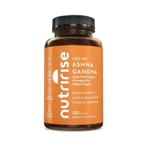 NutriRise Organic Ashwagandha Root Capsules with Black Pepper, 1300mg, Natural Stress & Mood, Thyroid, and Immune Support Supplement, Clarity, Focus & Energy, Gluten Free, 120 Count