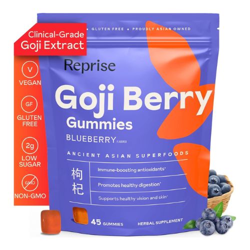 Reprise Goji Berry Superfood Gummies - All-Natural Antioxidant, Digestion, 240 mg Full-Potency, Low-Sugar, Vegan, 45 Blueberry Flavored Gummies